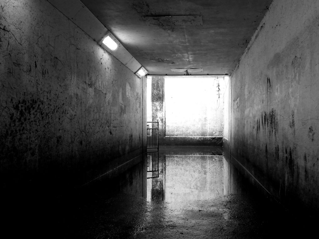 In this simple black and white image we view a subway from within, looking towards the exit. The subway is partially flooded and the still water reflects the walls and the barrier that prevents motor vehicles from entering.