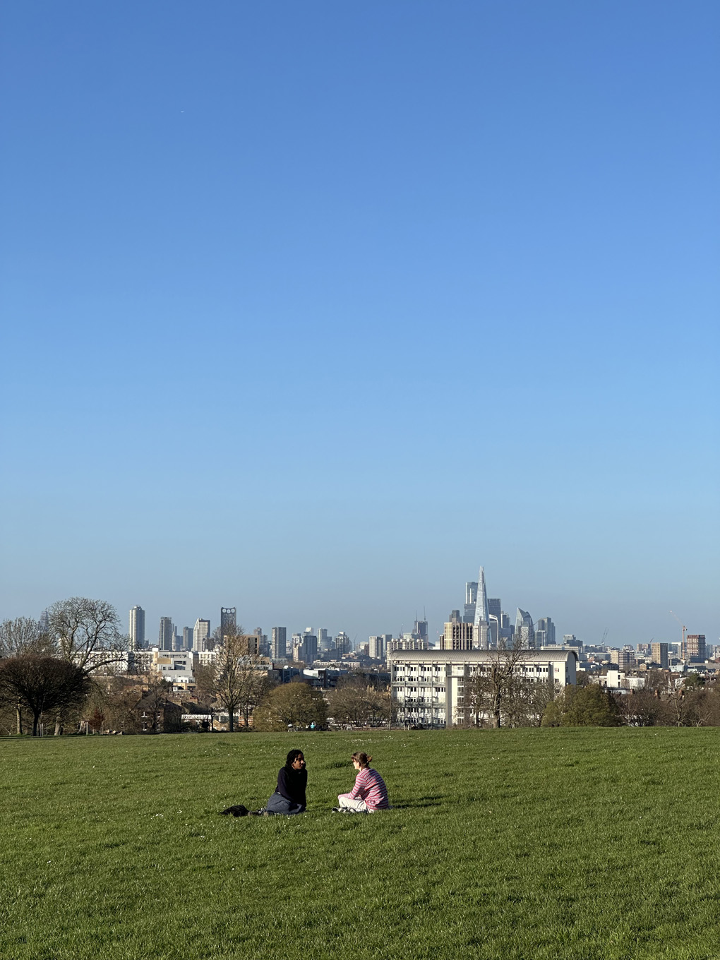 London skyline visible from Brockwell Park. Two people in distance sat on grass.