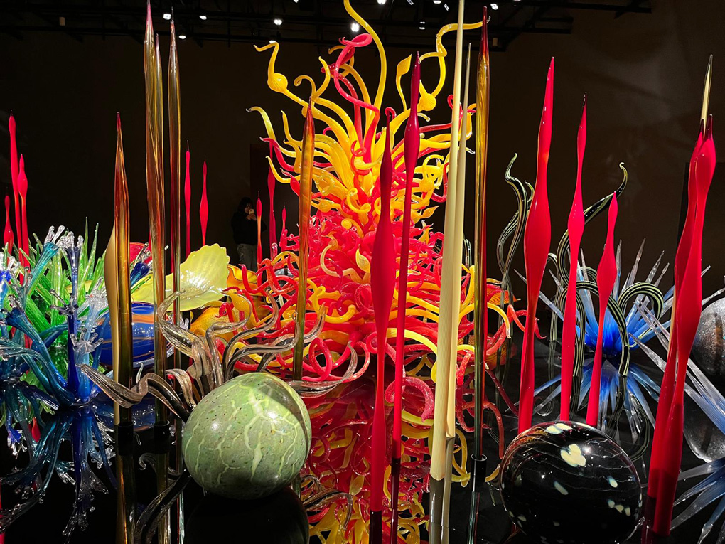 Colourful alien-looking plants made from glass.