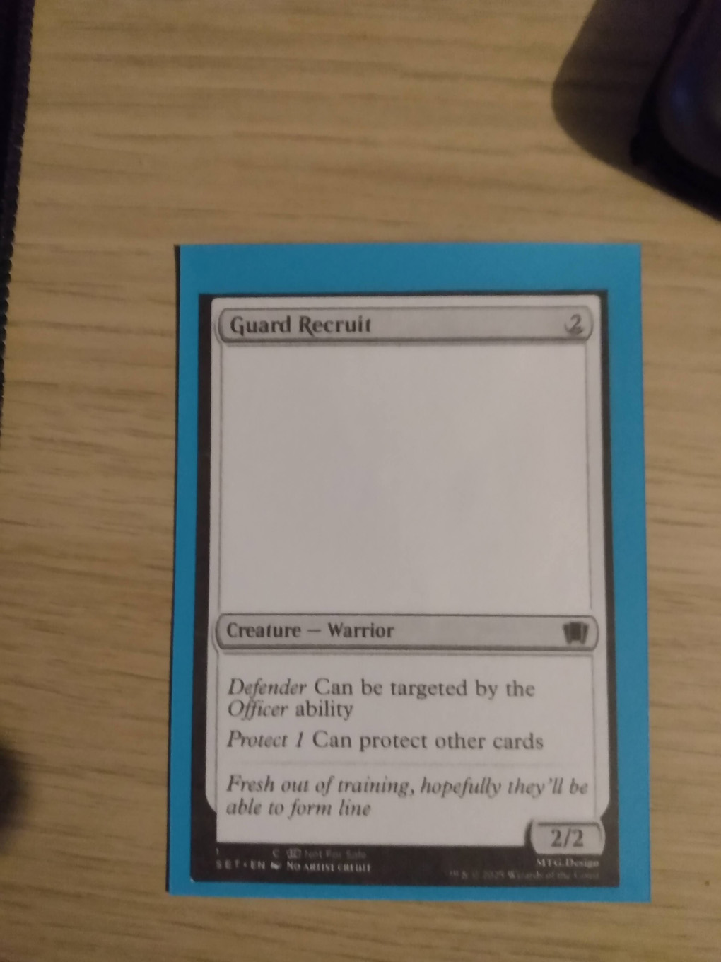 A print card about the size of a playing card sits in a car sleeve
