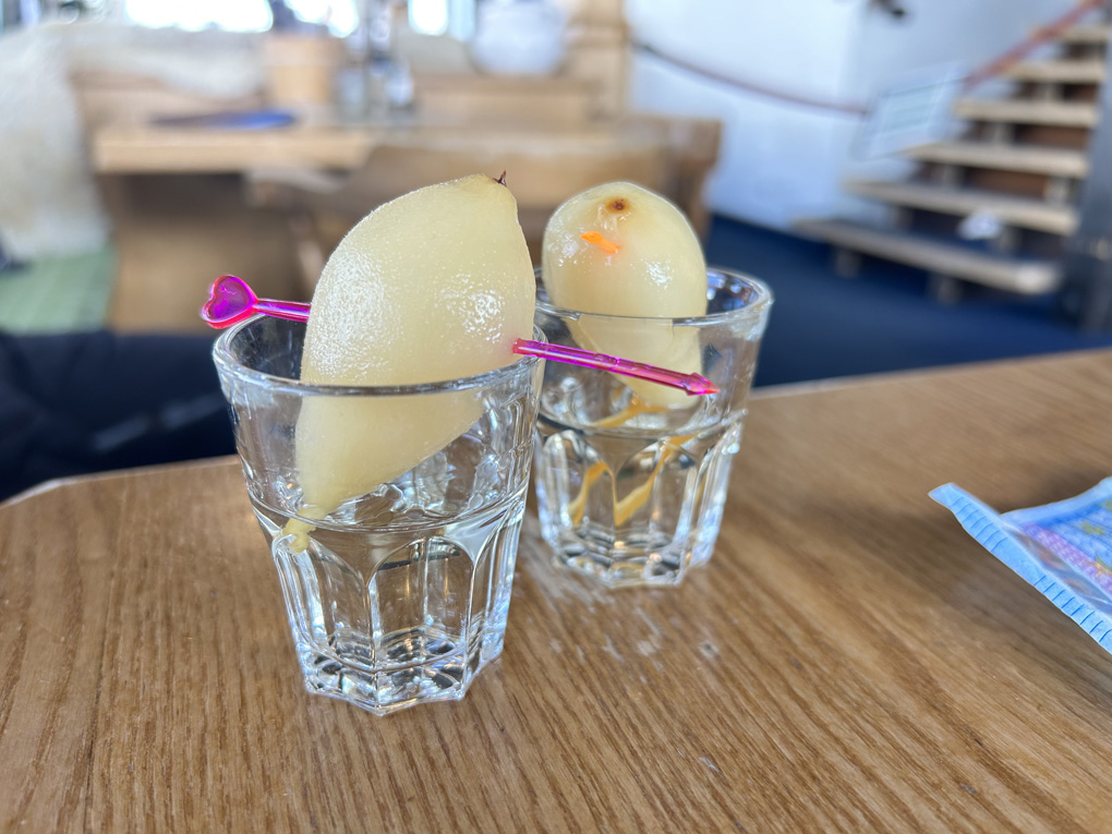Two glasses with white liquid. On top of each glass is a translucent looking fruit, peeled and slightly damp. Held in place by a plastic stick with a heart shaped end. In the background are sunny mountains covered in snow.