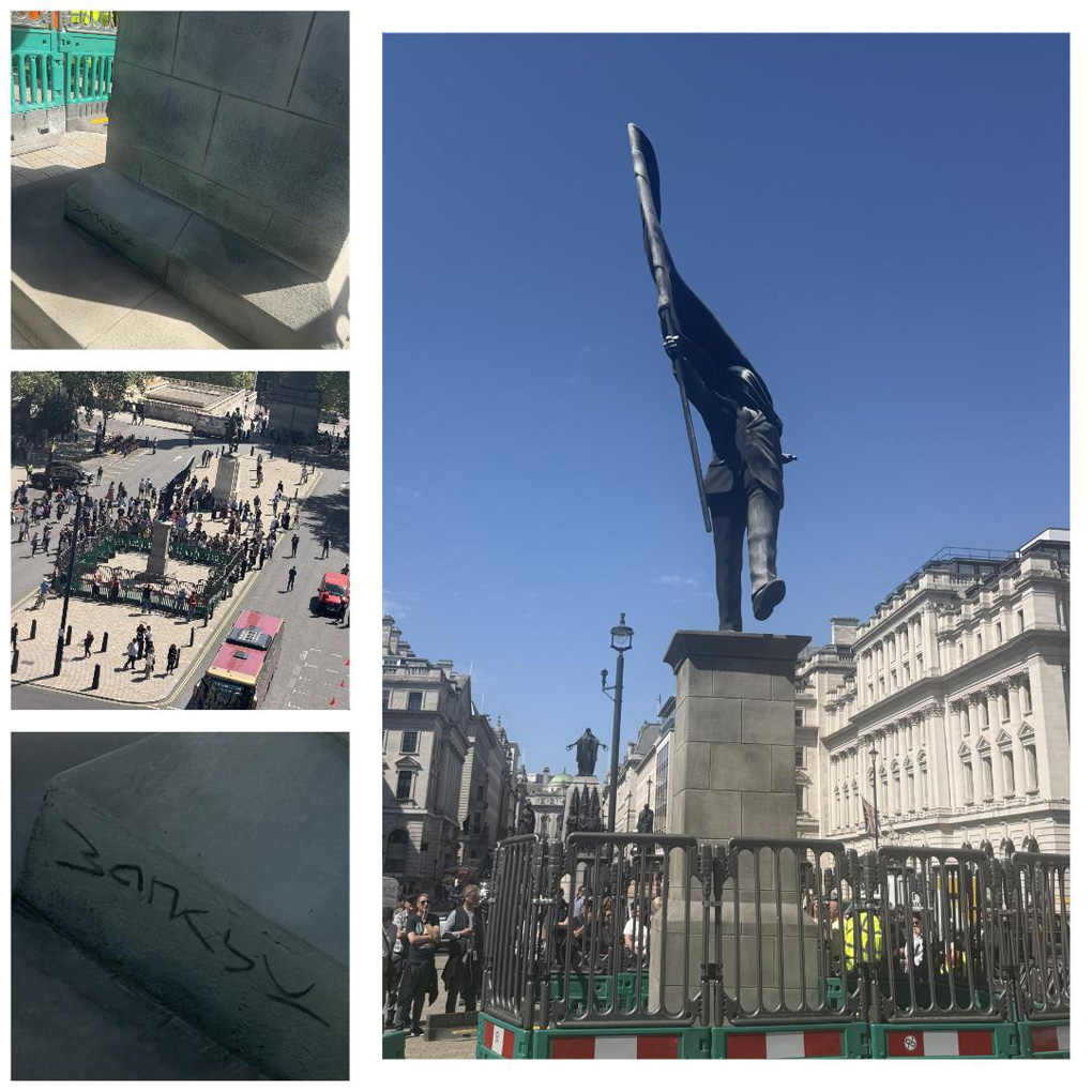 New London statue of man blinded by flag