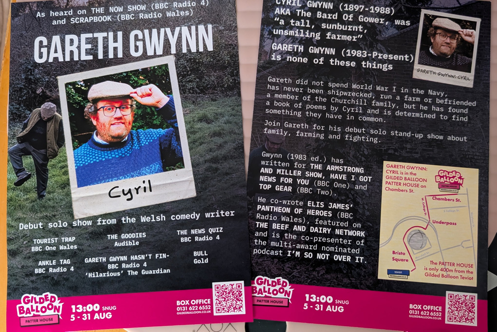 Two A5 flyers next to each other - showing the front and the back. On the left the front which features my face on a Polaroid photo, where I am dressed as a farmer, and some of the shows I've worked on in the past like The Now Show, Ankle Tag and Tourist Trap. On the back are more details about the show (it is about my great grandfather who was a farmer and poet) and a map to help find the venue!