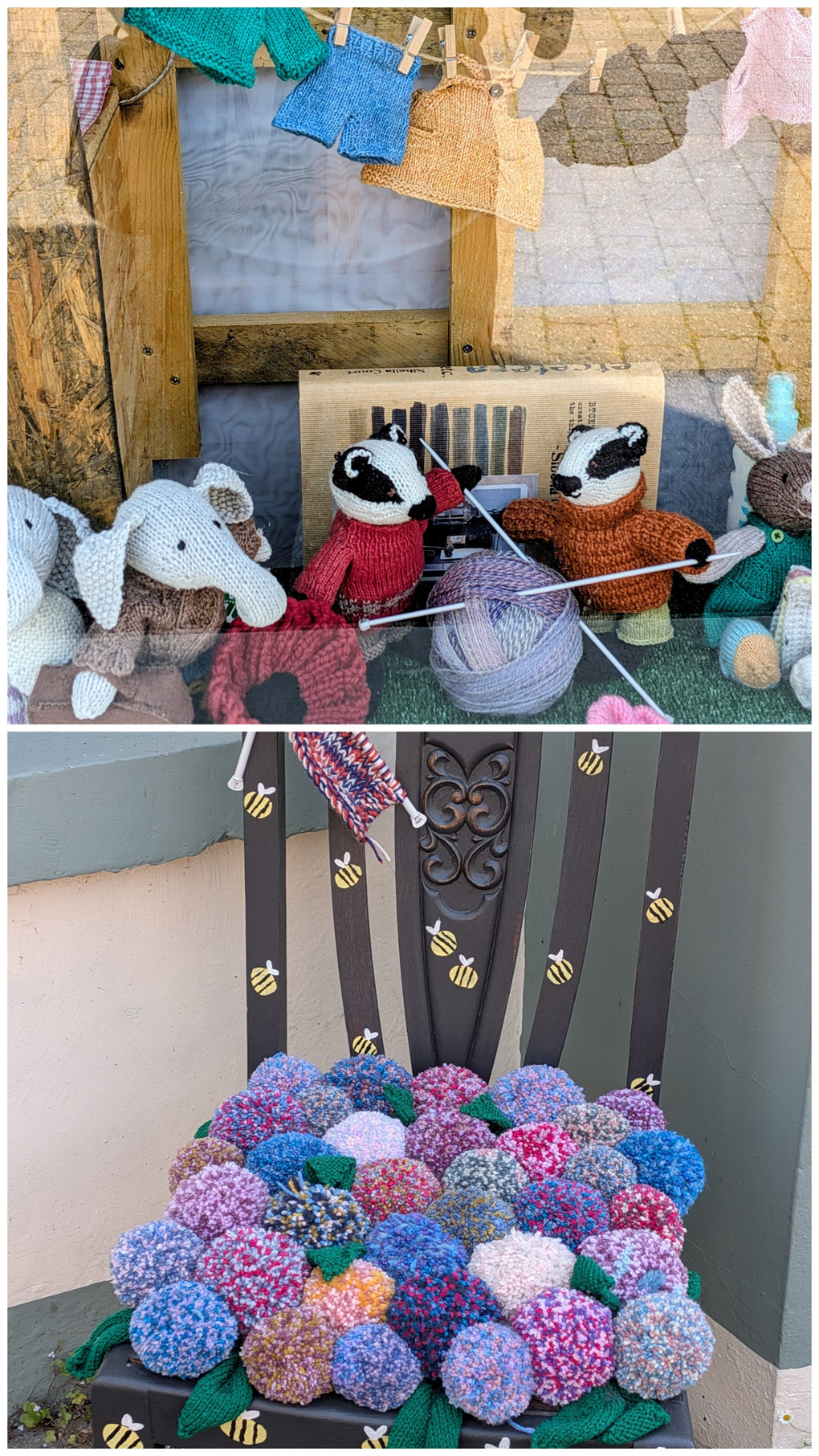 Came across a shop window at one of our favourite towns in the area, depicting a clothes line with miniature knitted clothes of various colours hanging on it. Underneath the line were an array of knitted animals, elephants, badgers, a rabbit and a mouse with a few balls of wool in the foreground. It seemed the badgers were trying to teach the other animals to knit but not knowing how to  start and getting in a fix.  A fun scene  and  a lot of thought and work put into it. The bottom photo is of a lovely antique chair decorated with bee stickers and having a very soft cushion made up of  lots of coloured pompoms sewn together.  The chair was part of a decorated Chair Trail throughout the town.  A great idea!