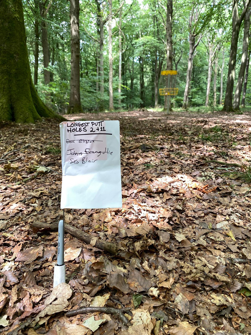 A 'Longest Putt' competition sign for on a disc golf course, staked into fallen leaves, with a disc golf basket visible among the trees behind it.