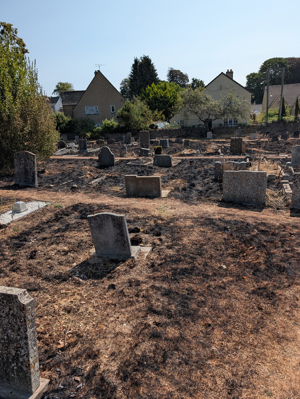 Scorched local graveyard from a heatwave fire.