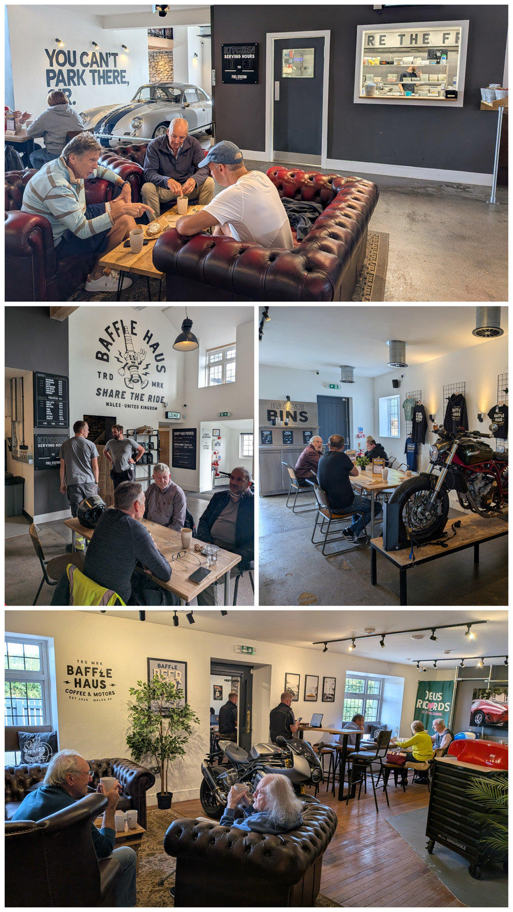 Various pics of the Baffle Haus café with a theme of Motorbikes and Classic Cars.