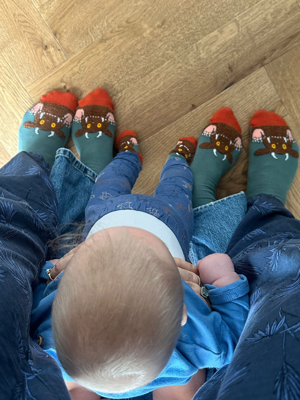 Three pairs of feet wearing matching socks