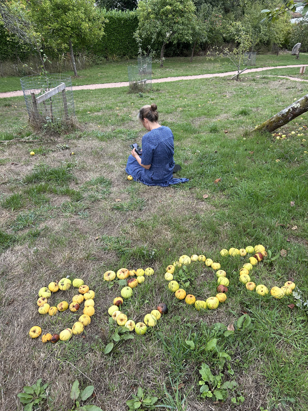 Lady sitting on grass in front of 2026 spelled out in apples