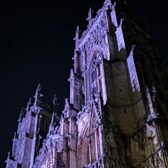 Looking upwards at a tall, gothic building lit up by yellow and purple lights