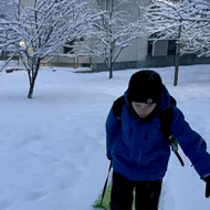 Wintery scene with a child walking