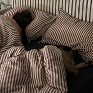 Two people asleep in a bed under a striped duvet. On closer inspection one of the people is actually a French bulldog.