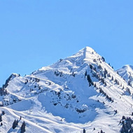 A view over snow capped mountains and alpine trees. The sun is hinting so brightly there's a glare on the picture.