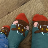 Three pairs of feet wearing matching socks