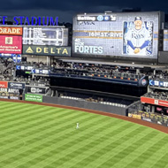 Yankee stadium at dusk with dark clouds on the horizon